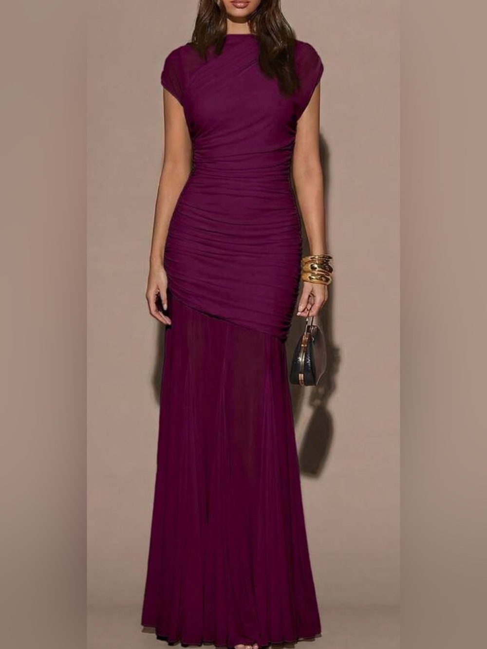 Ruched Wine Maxi Dress with Sheer Skirt - Women Dresses